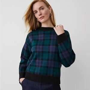NWOT‎ Ann Taylor Plaid Sweater In Rainforest Green Navy Black Stretch Size XL